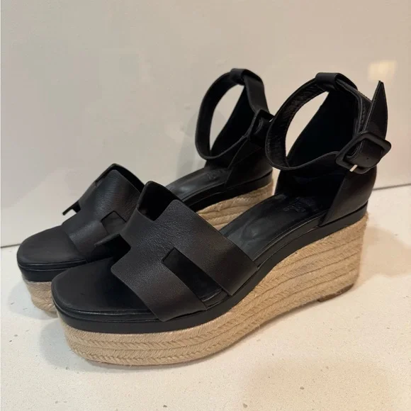 Hermes Elda Black Leather Wedge Sandals Espadrilles size 38 women’s. - Picture 1 of 7